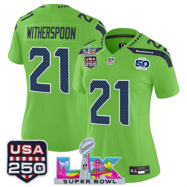 Women's Seattle Seahawks #21 Devon Witherspoon Green 2025 F.U.S.E. Super Bowl LX Patch And 50th Season & USA 250' Patch Vapor Limited Football Stitched Jersey(Run Small)